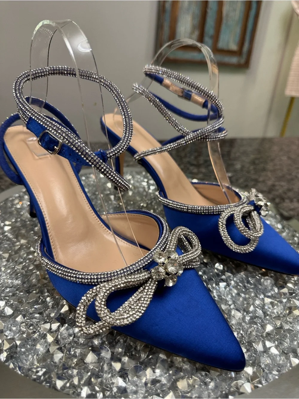 Crystal-Embellished Royal Blue Satin Slingback Heels EUC 11